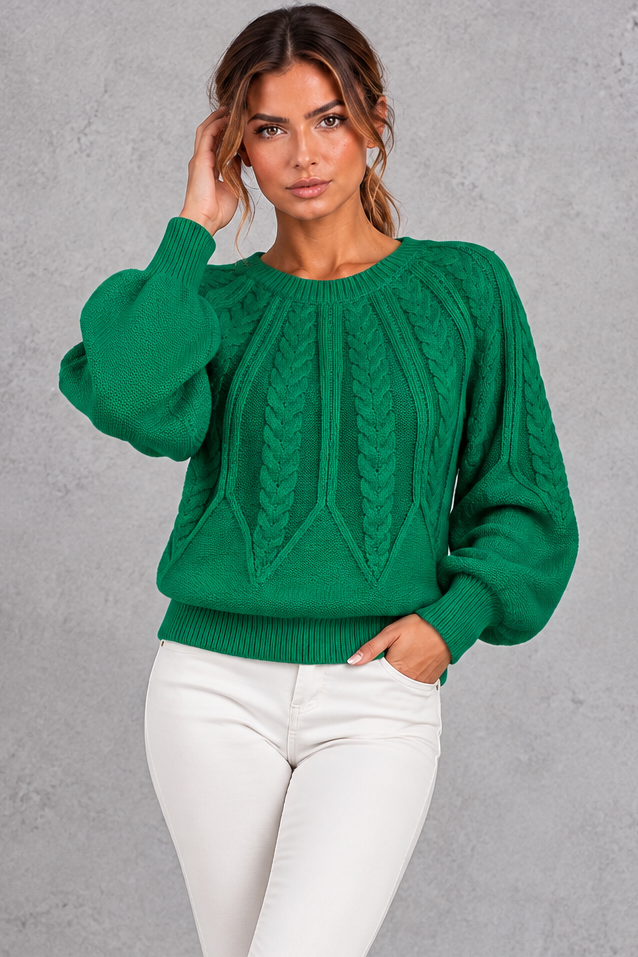 Women's Cable Knit Balloon Sleeve Sweater – Green