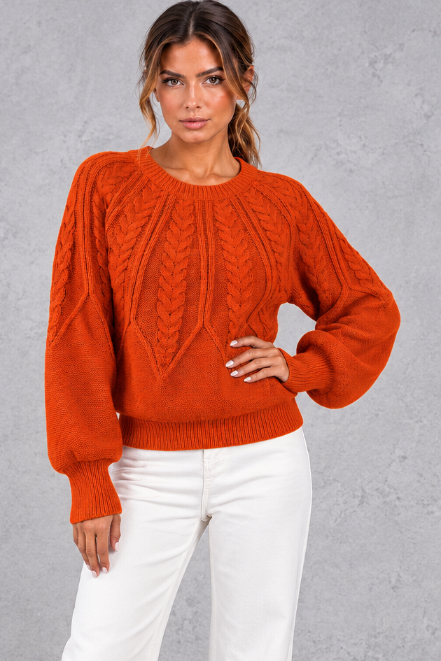 Women's Cable Knit Balloon Sleeve Sweater – Burnt Orange