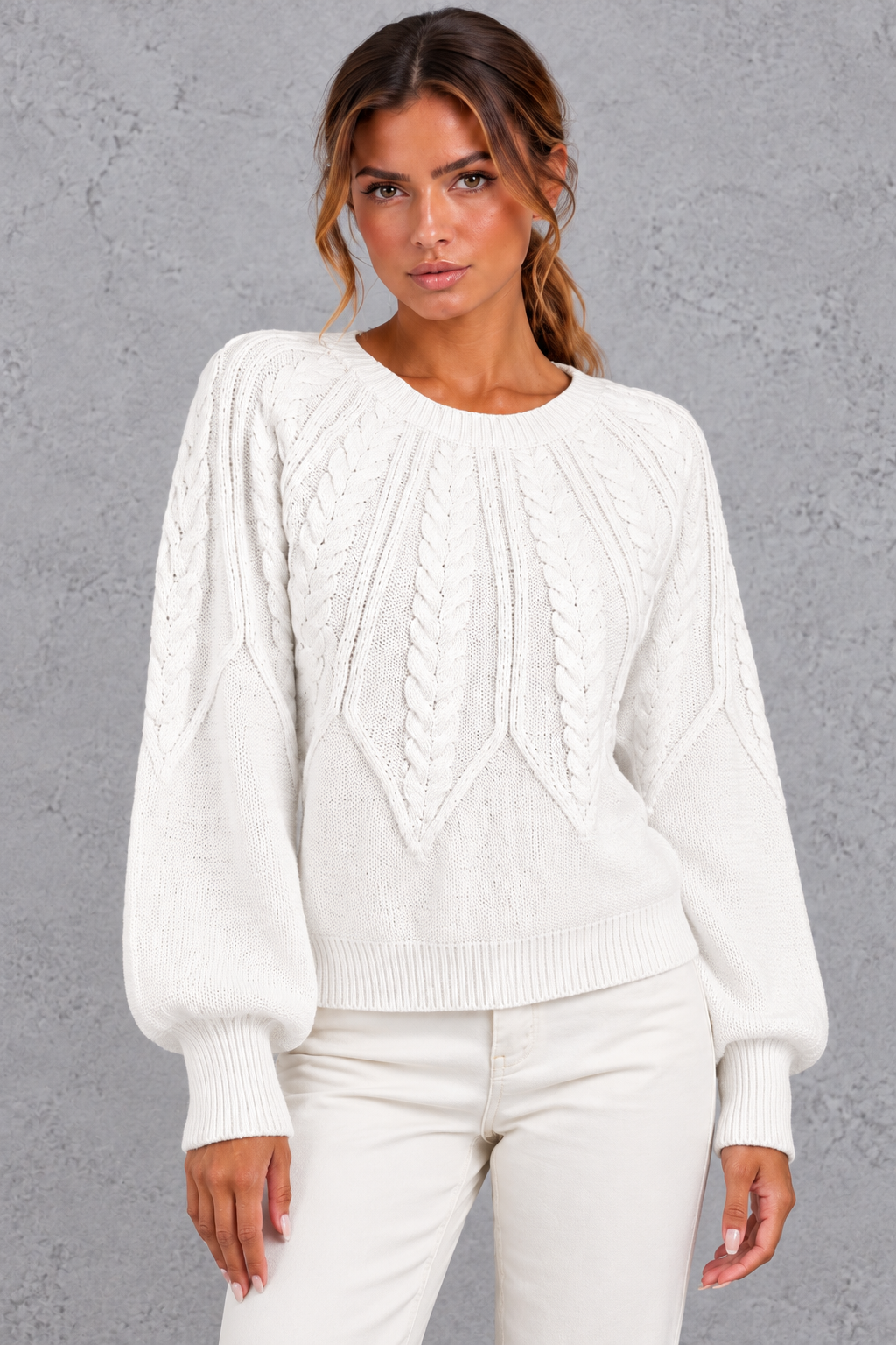 Women's Cable Knit Balloon Sleeve Sweater – White