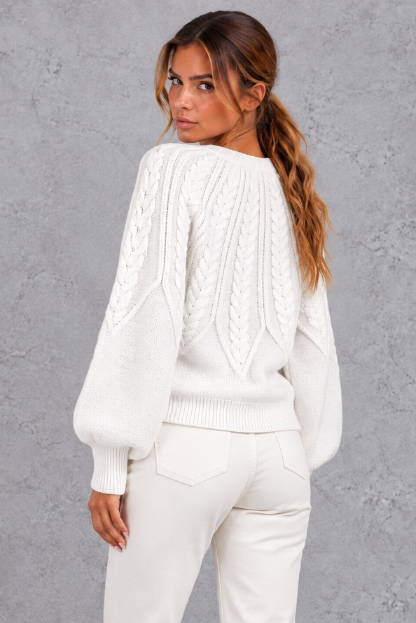 Women's Cable Knit Balloon Sleeve Sweater – White