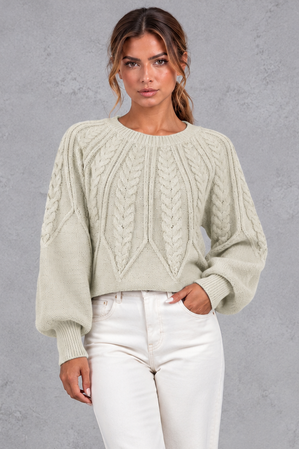 Women's Cable Knit Balloon Sleeve Sweater – Beige