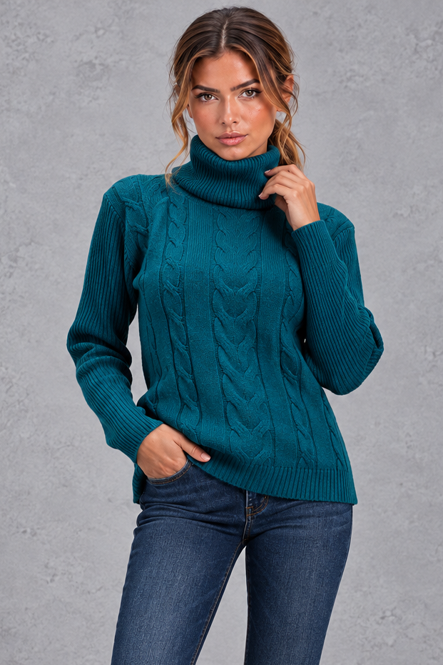 Women's Cable Knit Turtleneck Sweater – Teal