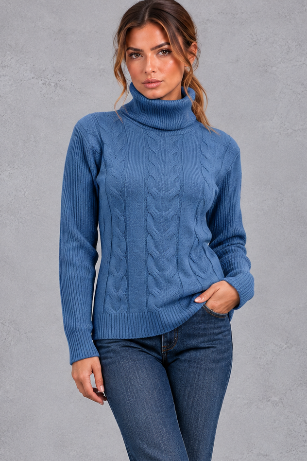 Women's Cable Knit Turtleneck Sweater – Denim Blue
