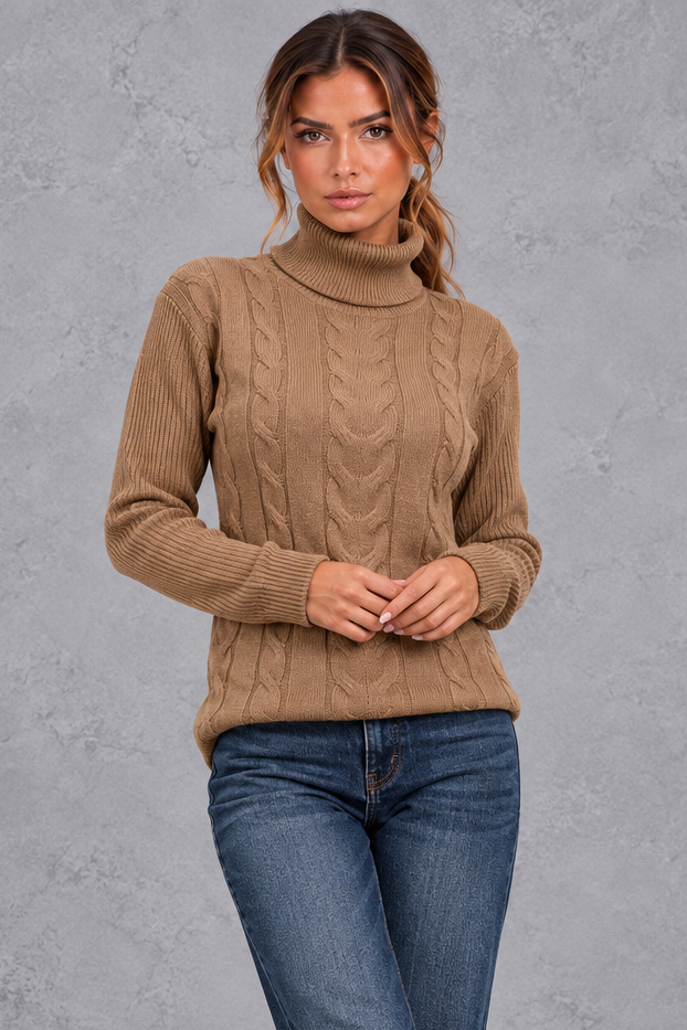 Women's Cable Knit Turtleneck Sweater – Brown