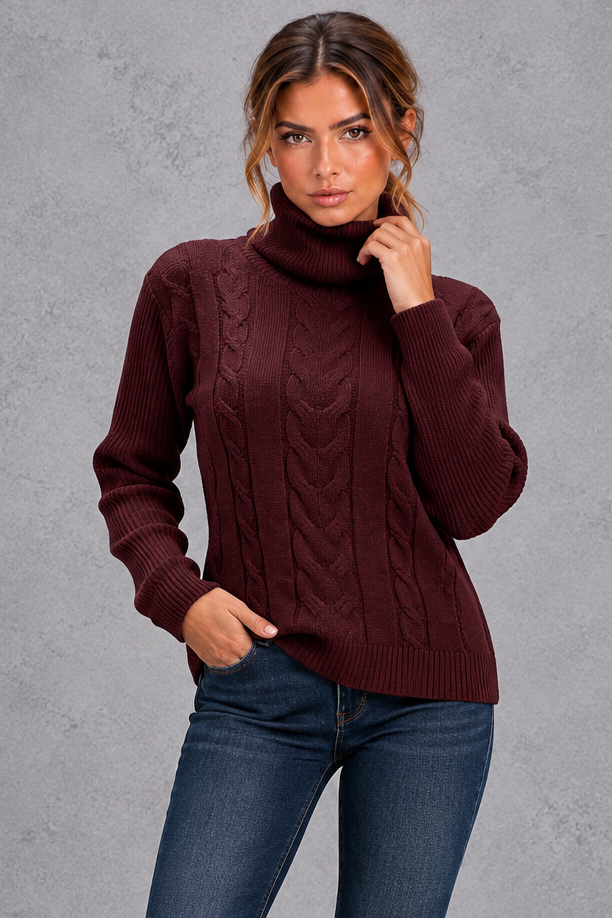 Women's Cable Knit Turtleneck Sweater – Burgundy