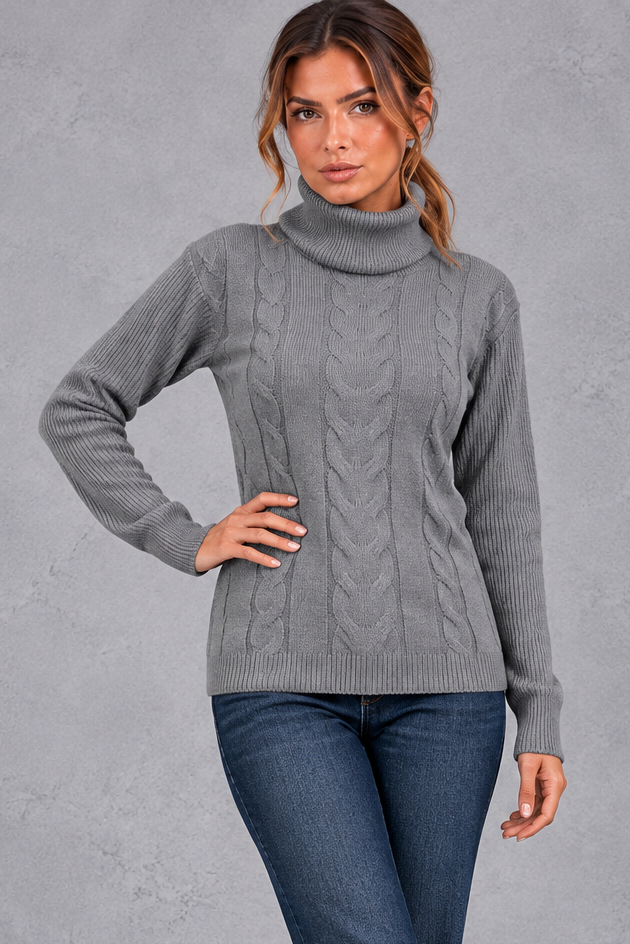 Women's Cable Knit Turtleneck Sweater – Gray