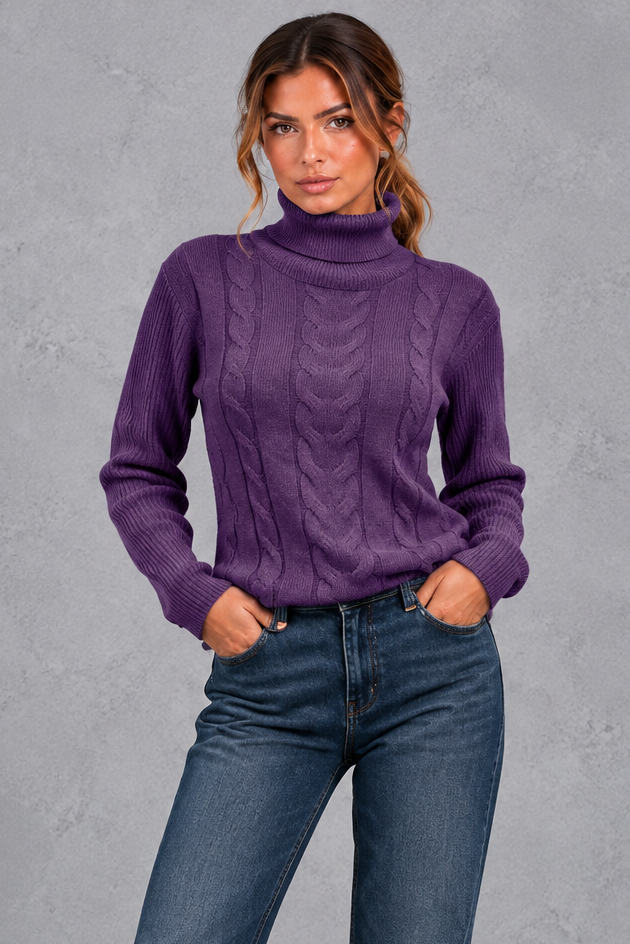 Women's Cable Knit Turtleneck Sweater – Purple