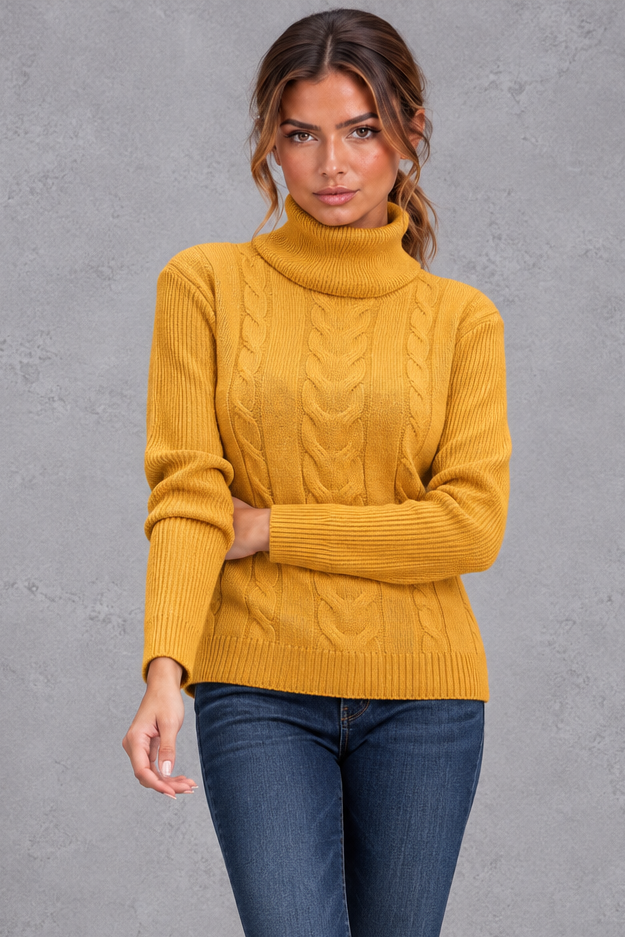 Women's Cable Knit Turtleneck Sweater – Mustard
