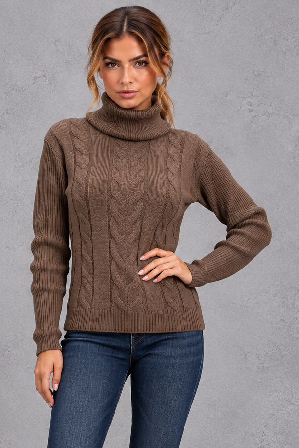 Women's Cable Knit Turtleneck Sweater – Dark Brown