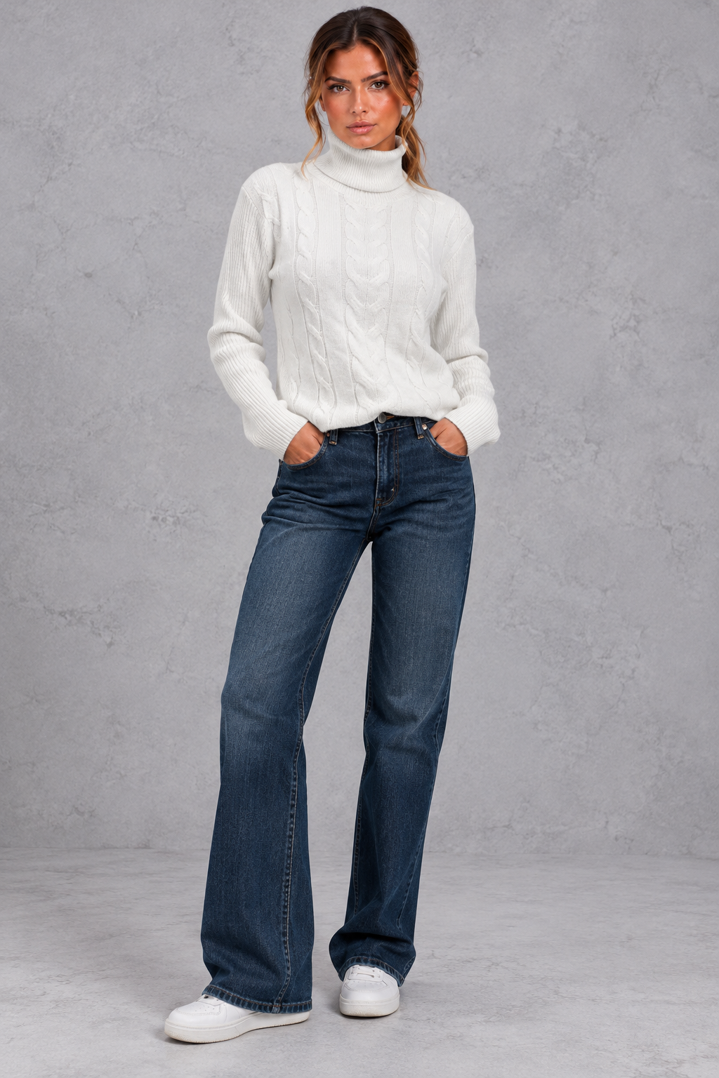 Women's Cable Knit Turtleneck Sweater – White