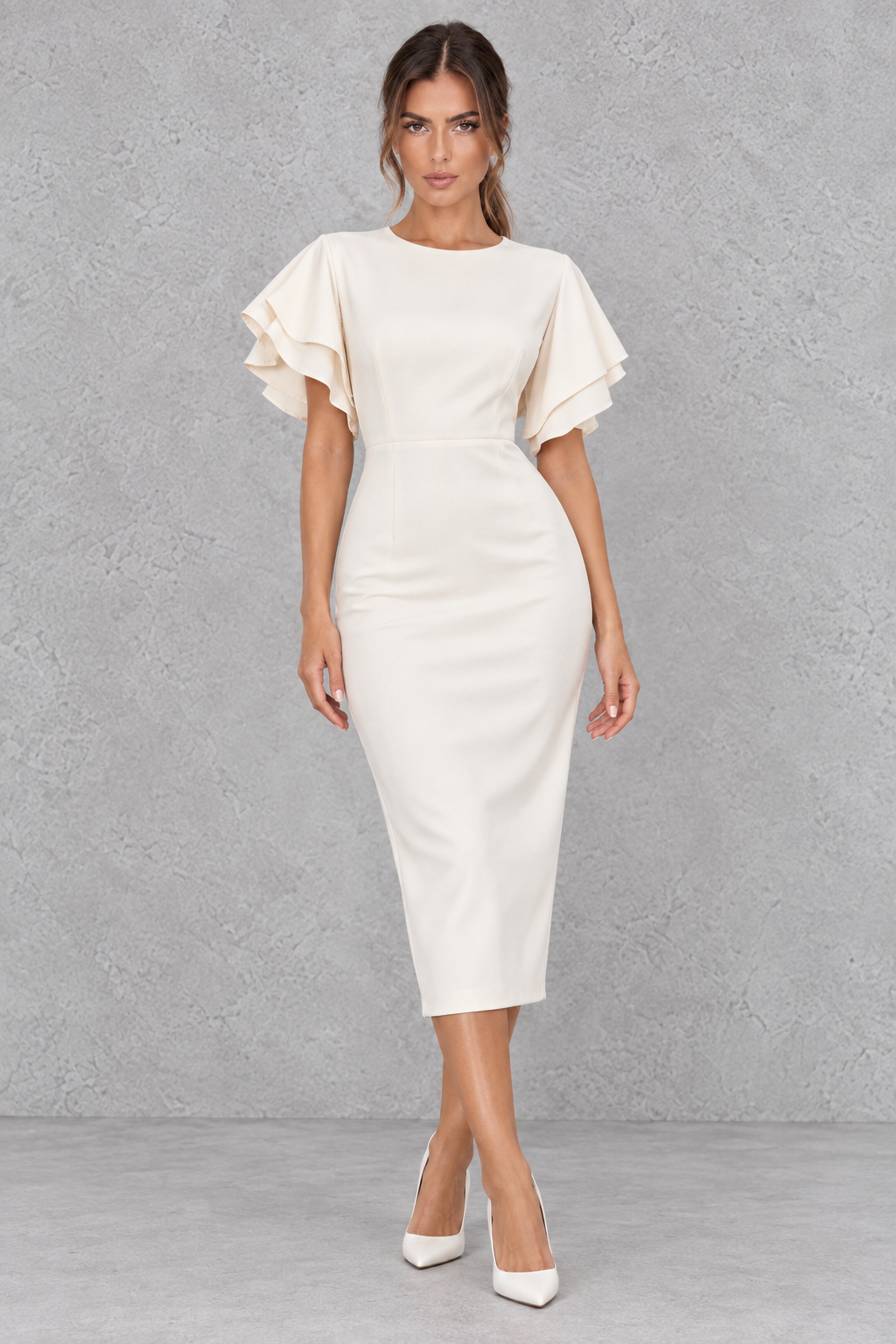 Woman wearing a bodycon midi pencil dress with check sleeves, ideal for the office and date night.