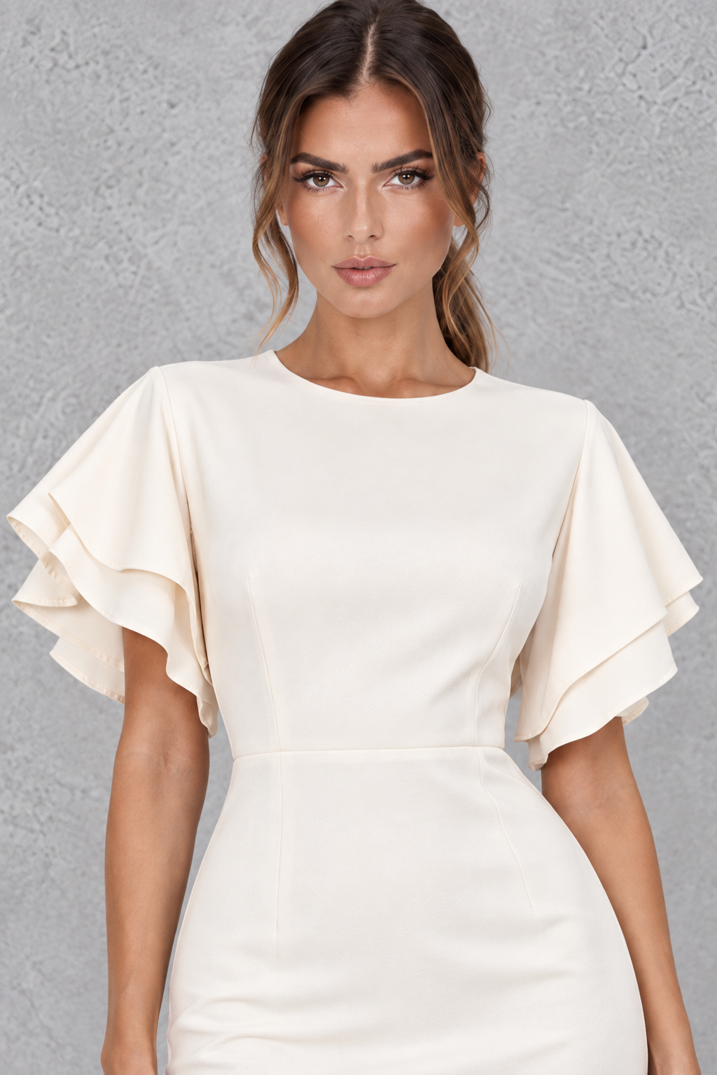 Side view of a slim bodycon midi dress showing the sleek pencil silhouette for work.