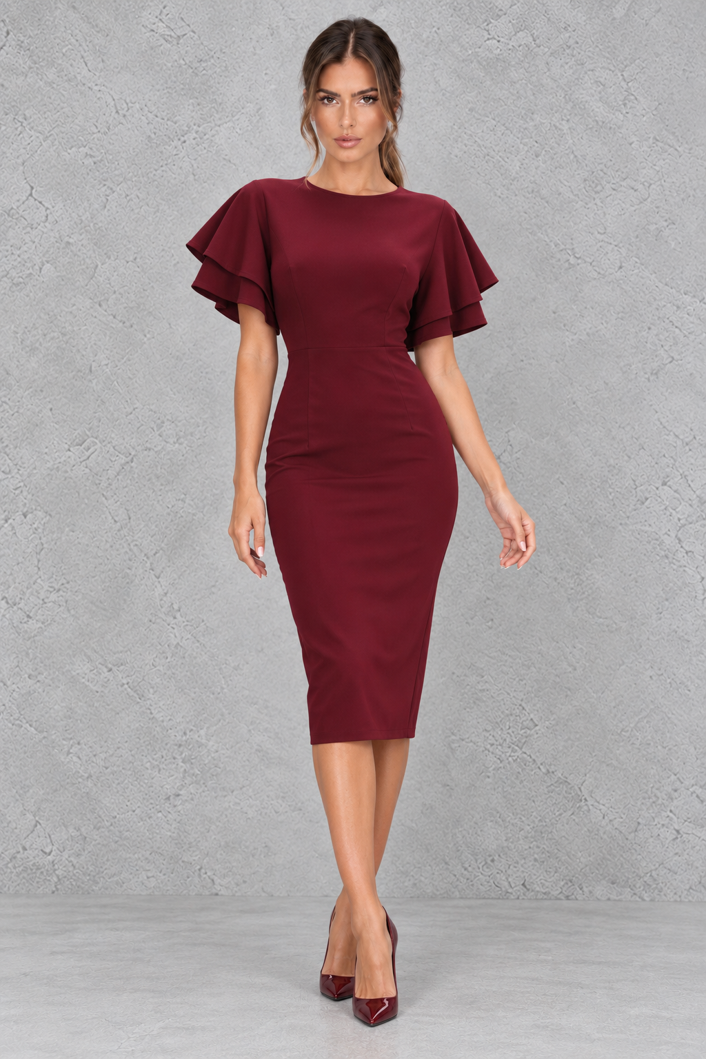 Close-up of the check-pattern sleeve detail on a solid-color bodycon midi dress.