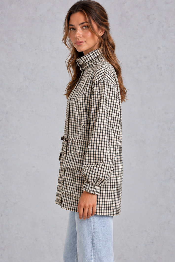 Back view of the relaxed plaid field jacket