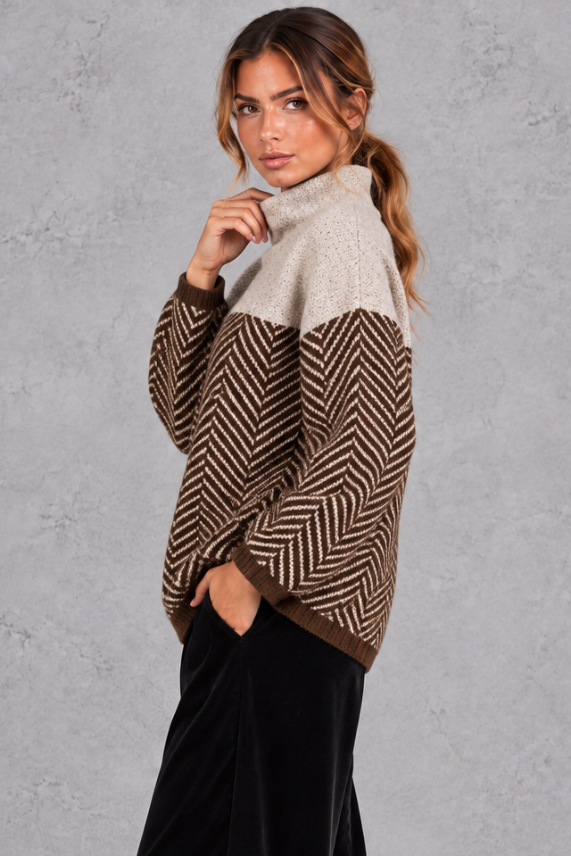 Women's Chevron Knit Mock Neck Sweater – Brown