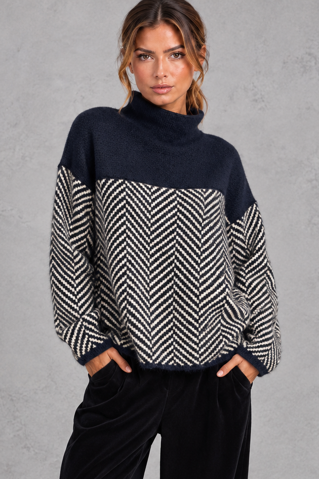 Women's Chevron Knit Mock Neck Sweater – Navy
