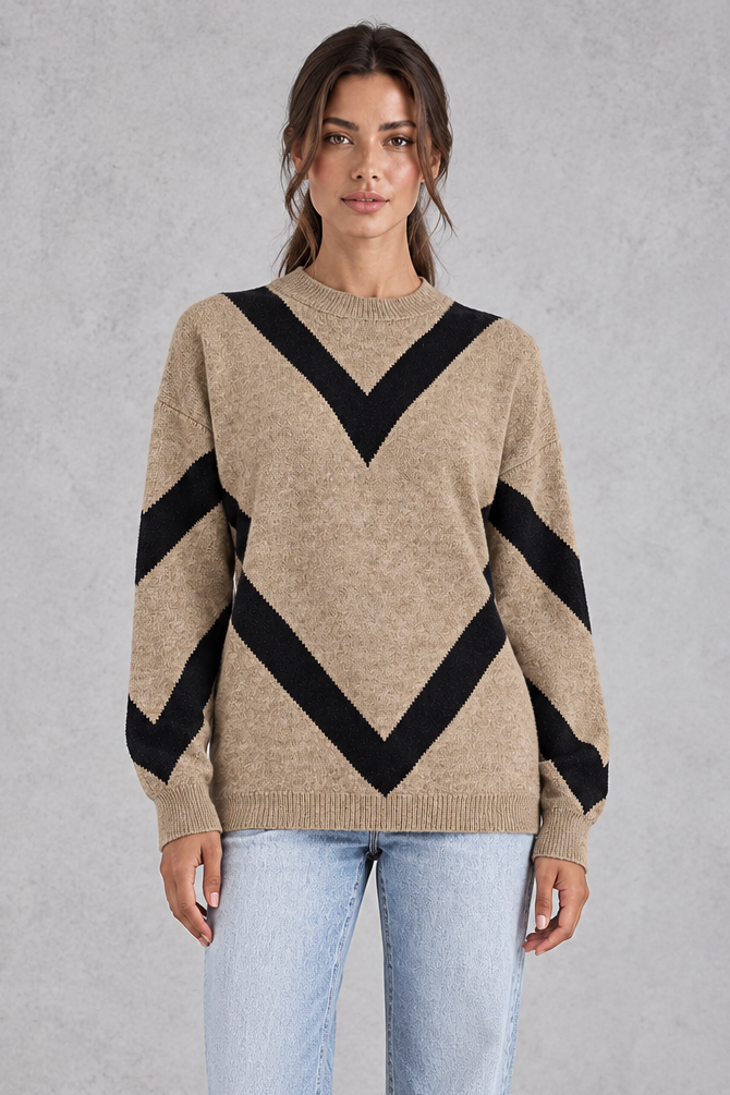 Women's chevron knit crew neck sweater in beige, front view