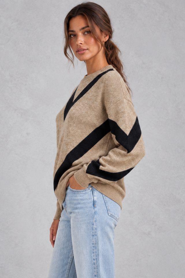 Chevron knit sweater styled with jeans