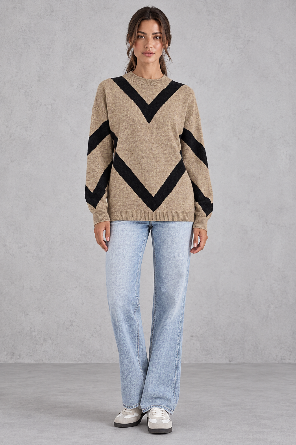 Back view of relaxed chevron knit sweater