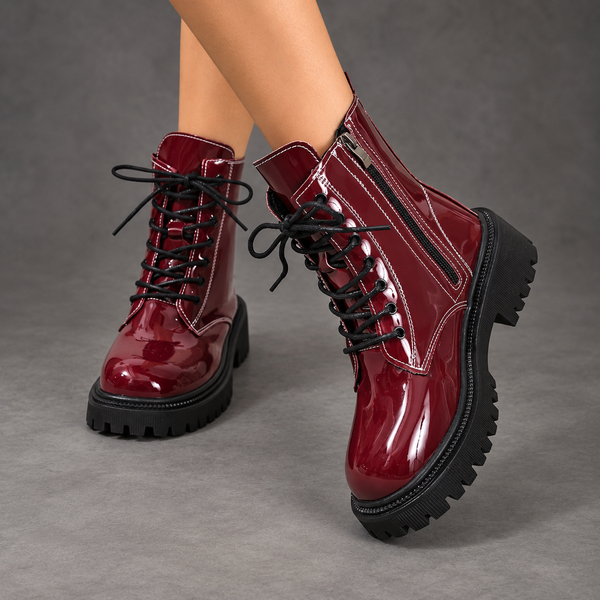 Women's Patent-Look Lace-Up Ankle Boots – Burgundy