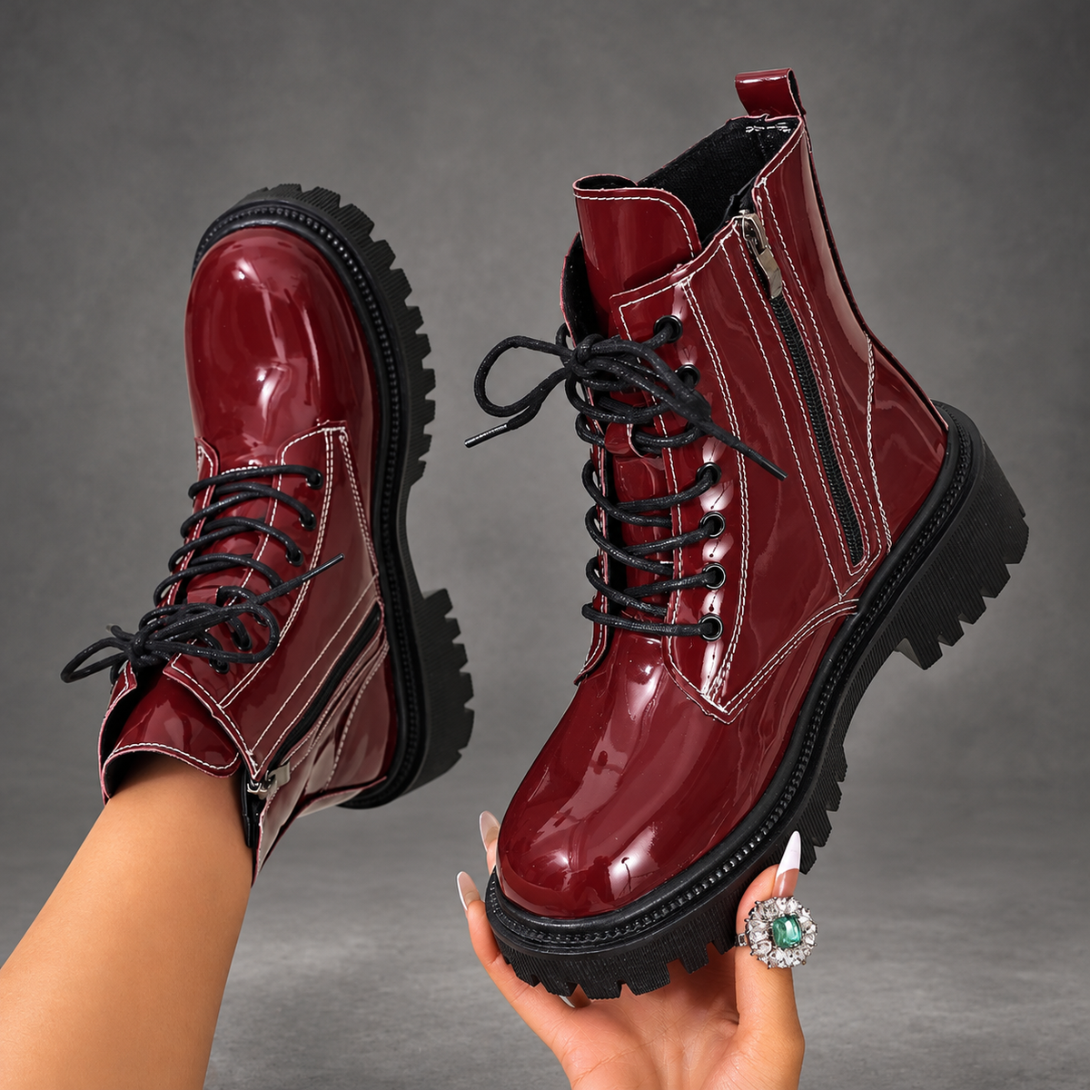Women's Patent-Look Lace-Up Ankle Boots – Burgundy