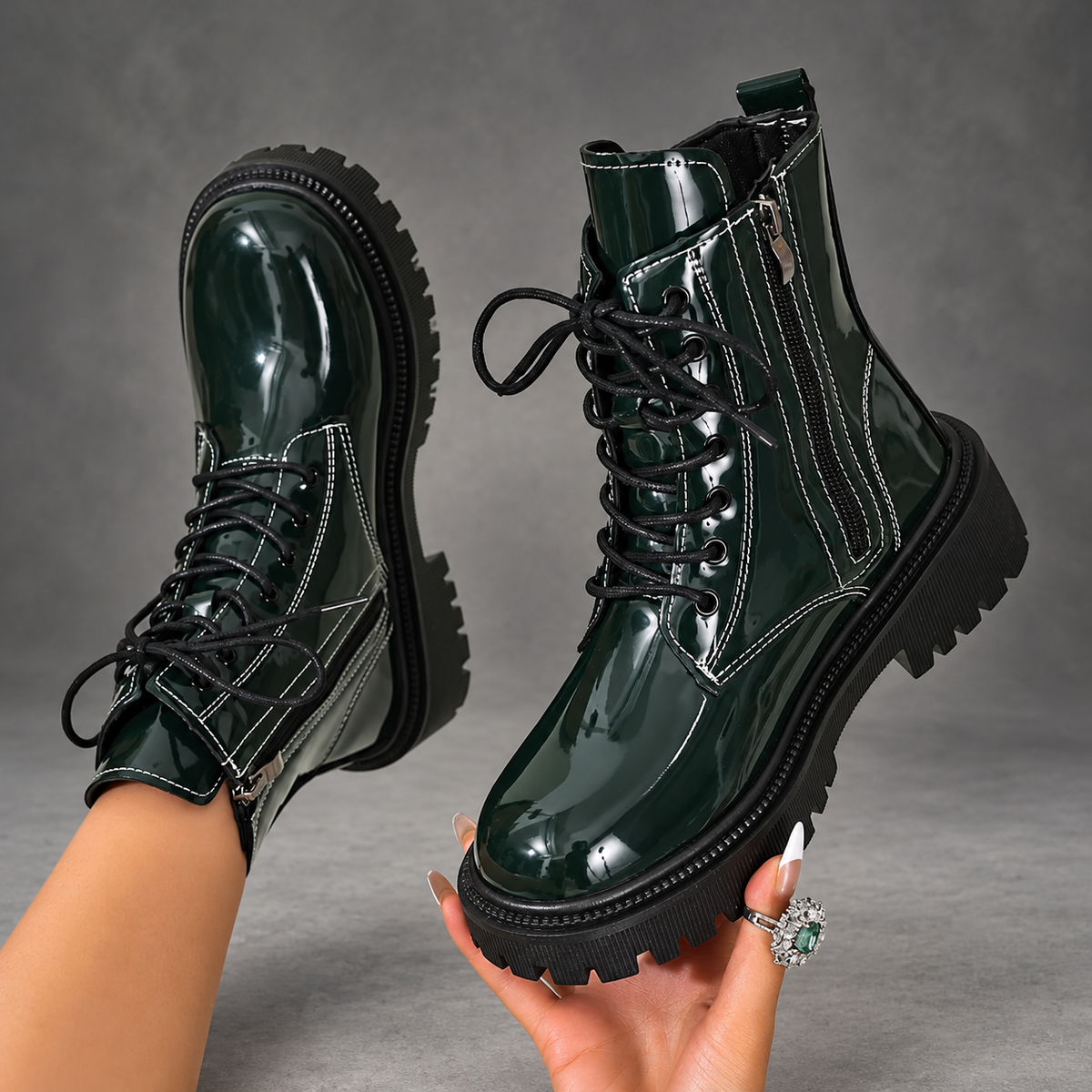 Women's Patent-Look Lace-Up Ankle Boots – Dark Green