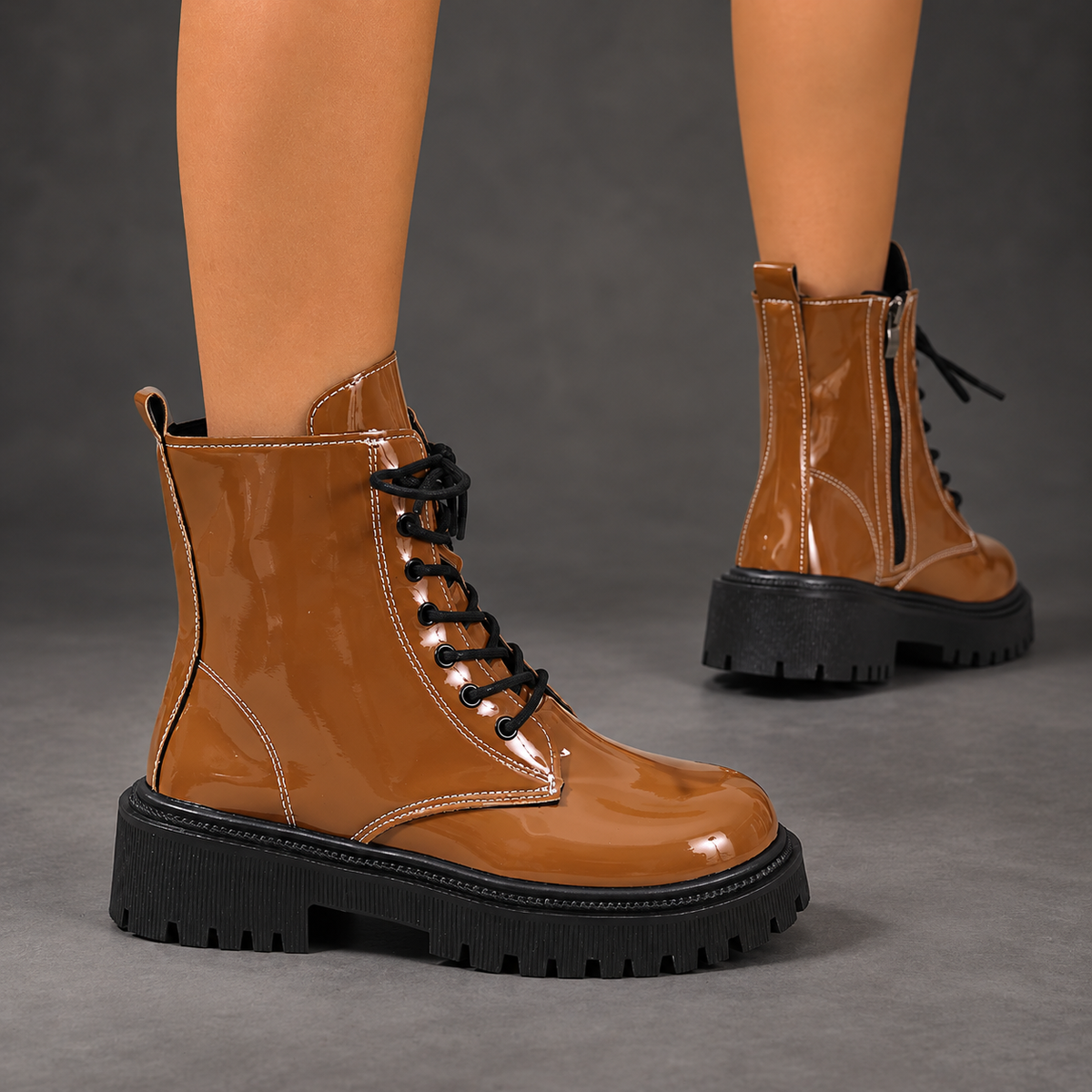 Women's Patent-Look Lace-Up Ankle Boots – Tan