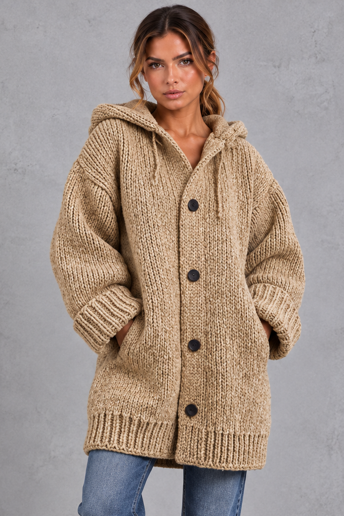 Women's Chunky Knit Hooded Cardigan – Khaki