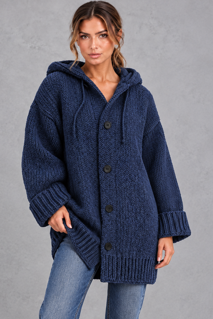 Women's Chunky Knit Hooded Cardigan – Navy Blue
