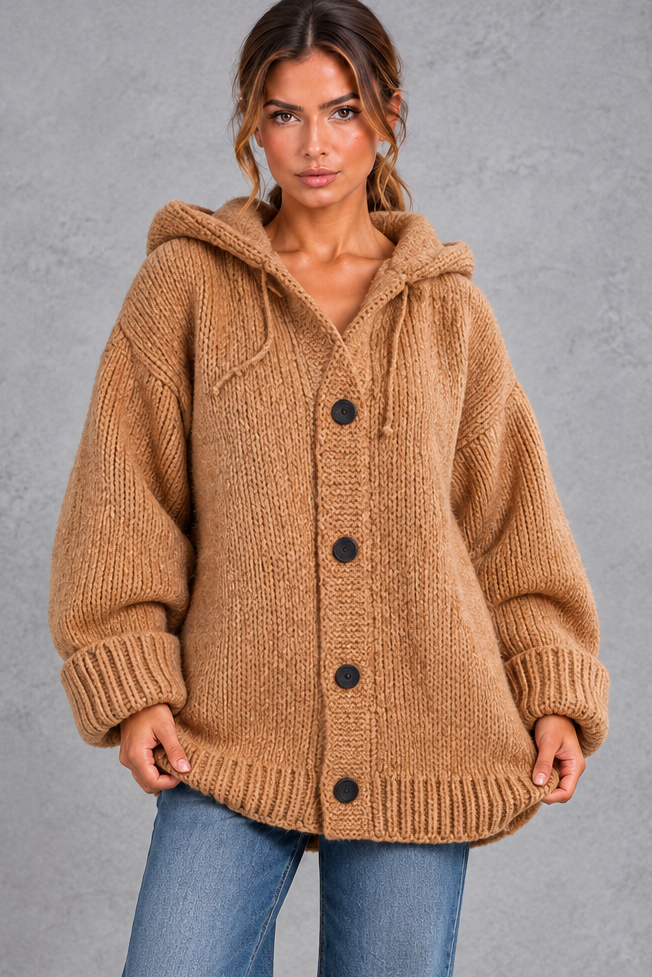 Women's Chunky Knit Hooded Cardigan – Camel