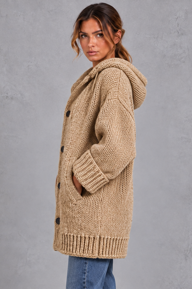 Women's Chunky Knit Hooded Cardigan – Khaki
