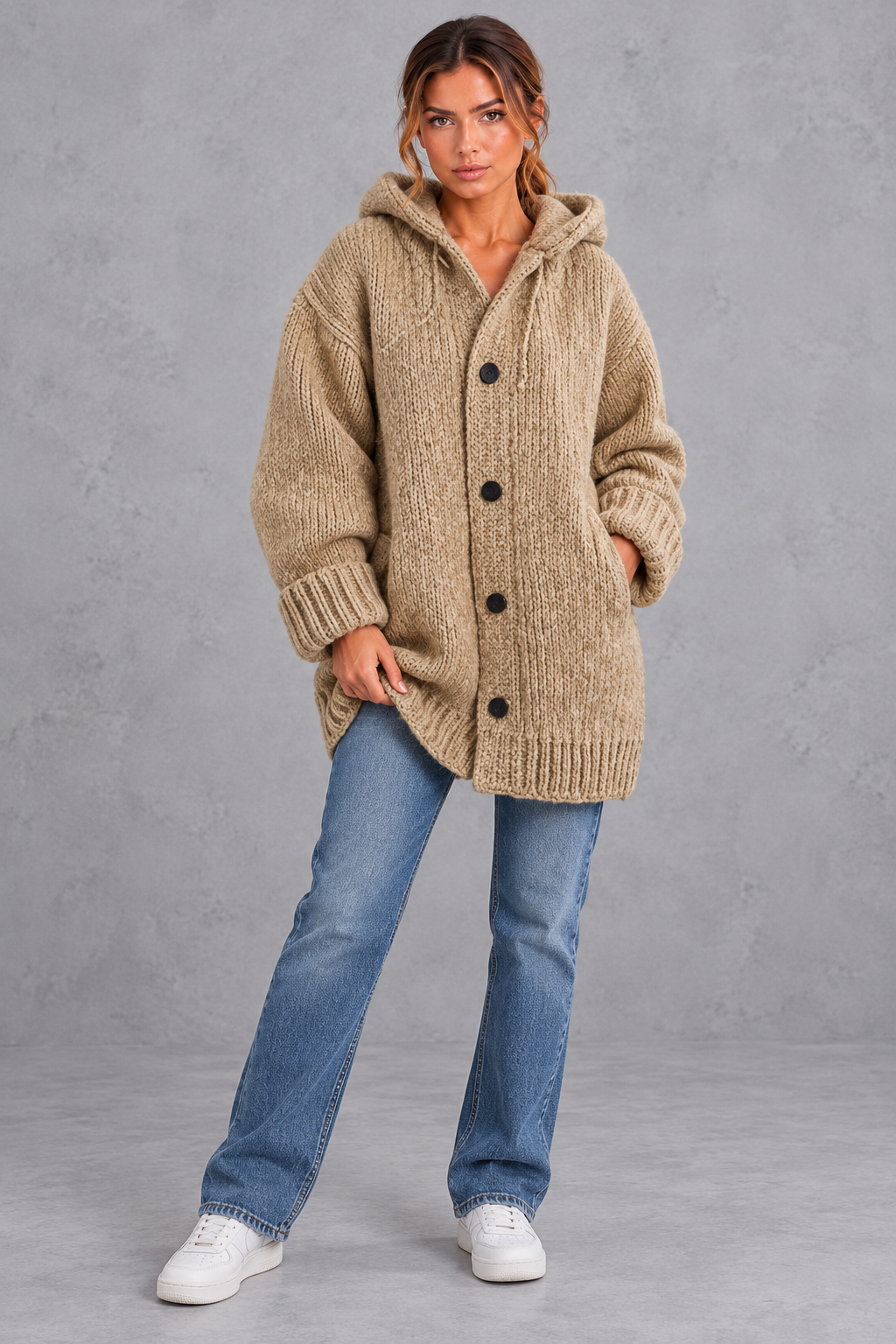 Women's Chunky Knit Hooded Cardigan – Khaki