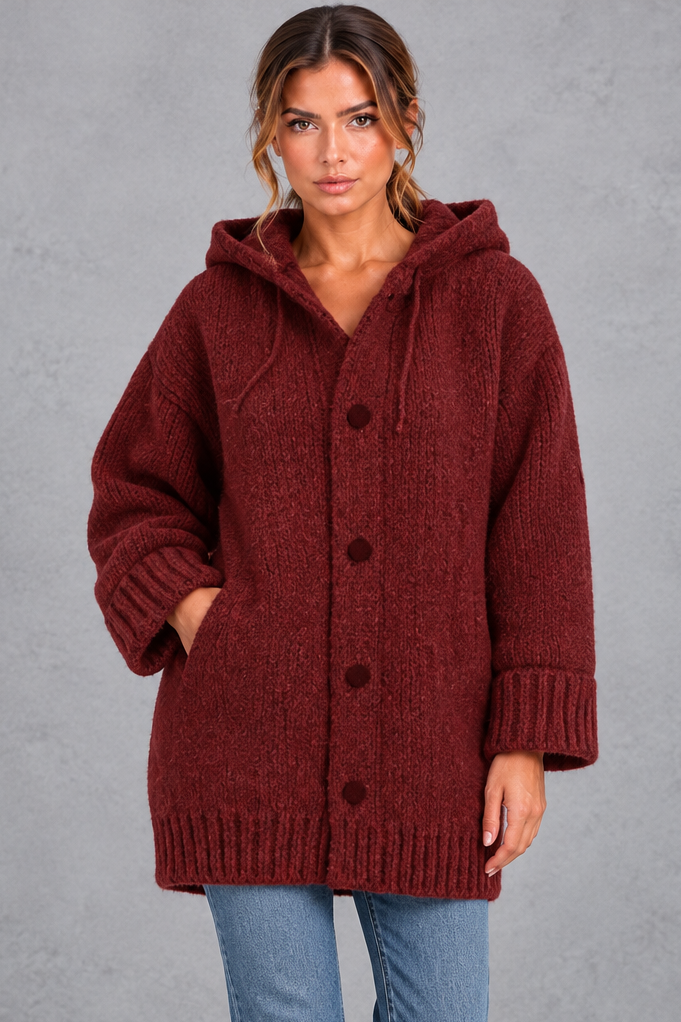Women's Chunky Knit Hooded Cardigan – Wine Red