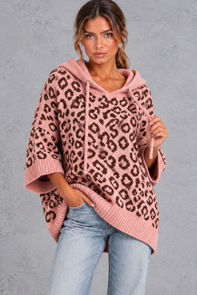 Women's leopard print oversized knit hoodie, front view