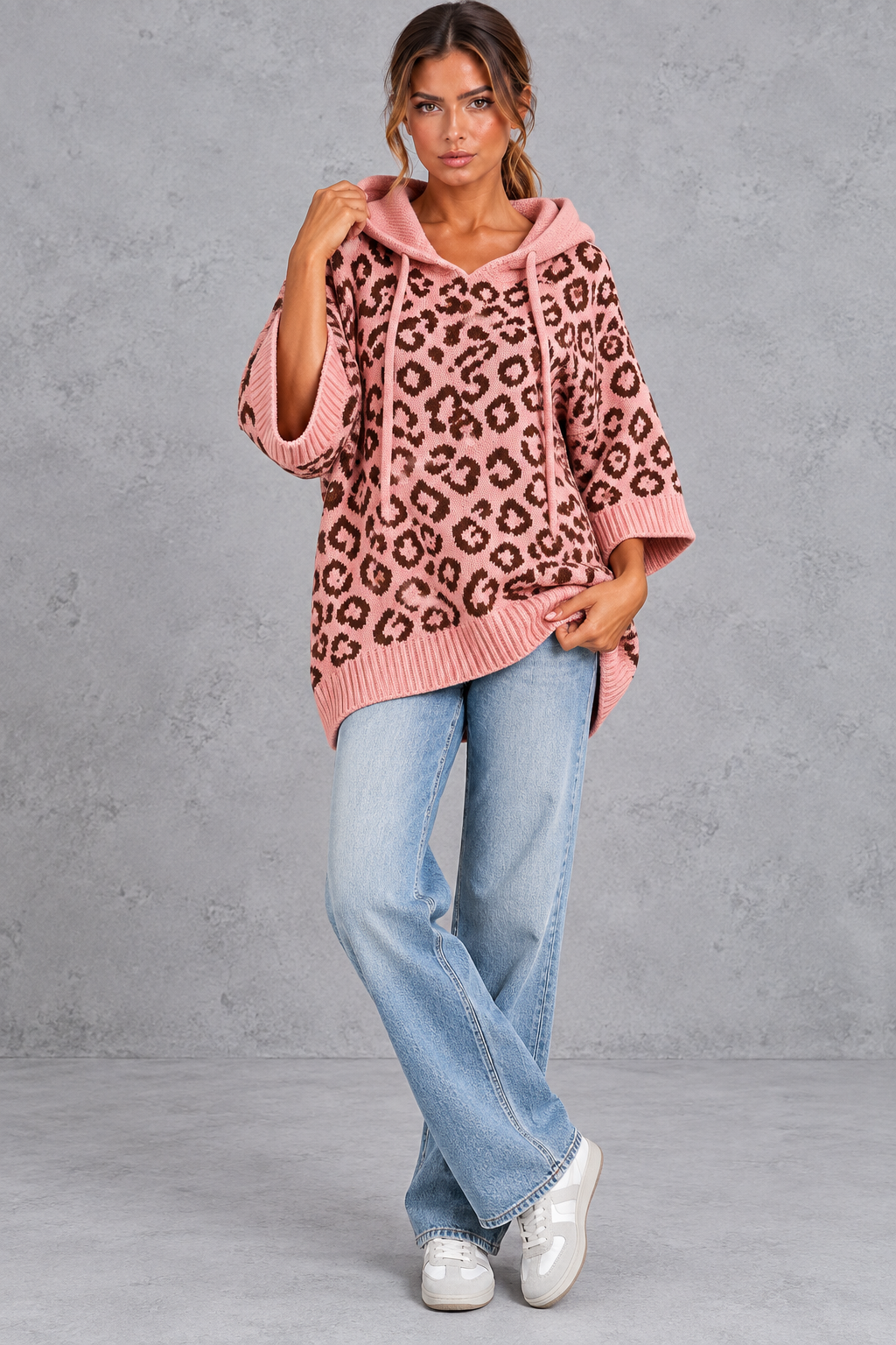 Leopard print knit hoodie in khaki