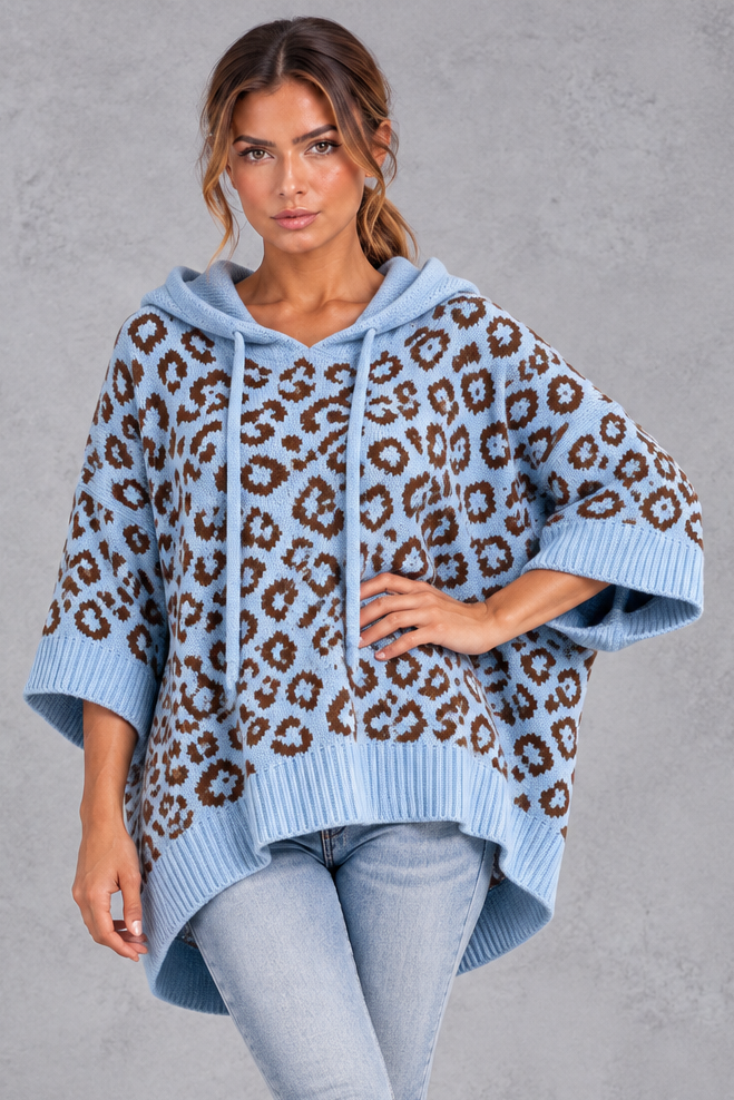 Leopard print knit hoodie in grayish blue