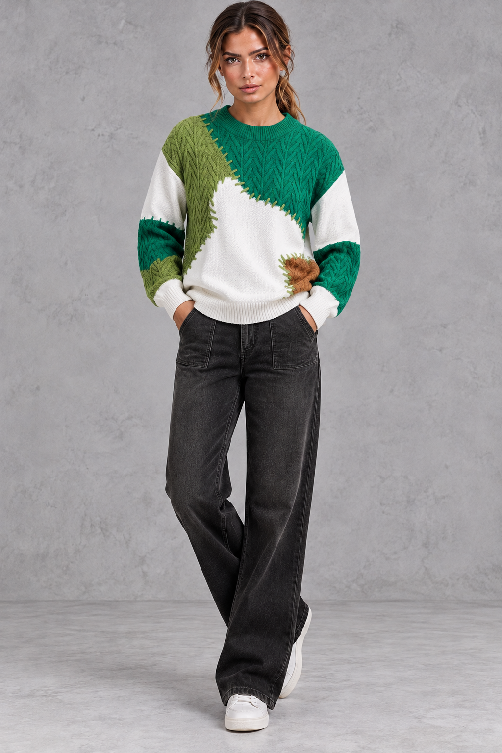 Women's Patchwork Cable Knit Sweater – Green