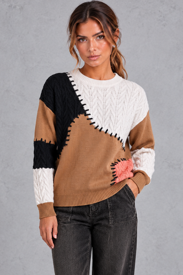 Women's Patchwork Cable Knit Sweater – Camel