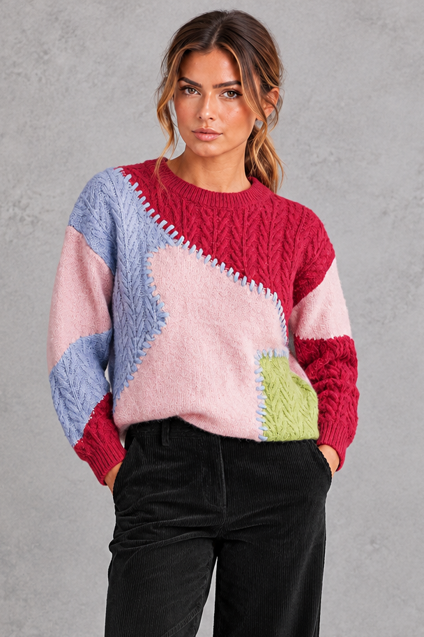 Women's Patchwork Cable Knit Sweater – Pink