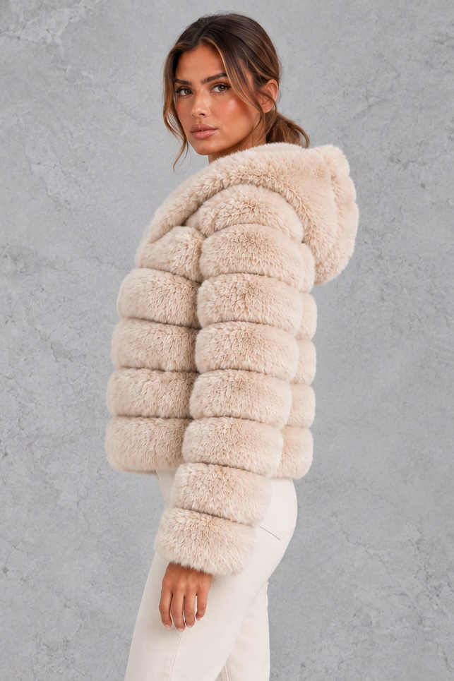 Back view of the fluffy cropped faux fur jacket with hood