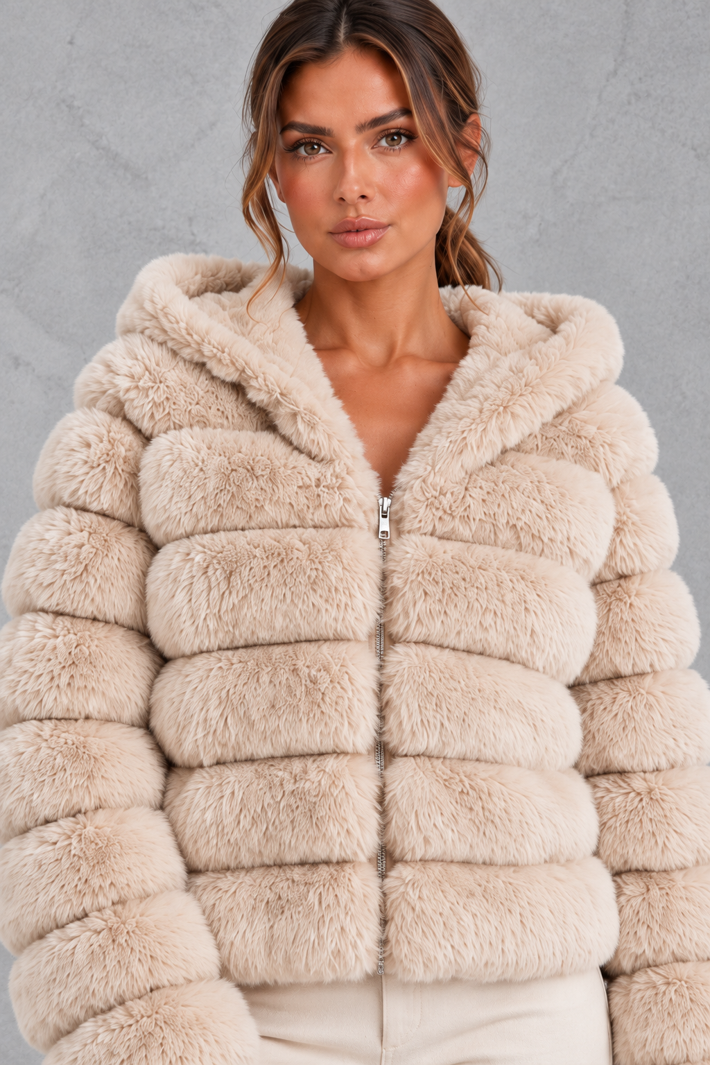 Close-up of the horizontal faux fur panel texture