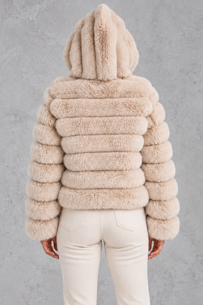 Generous faux fur hood worn up for extra warmth