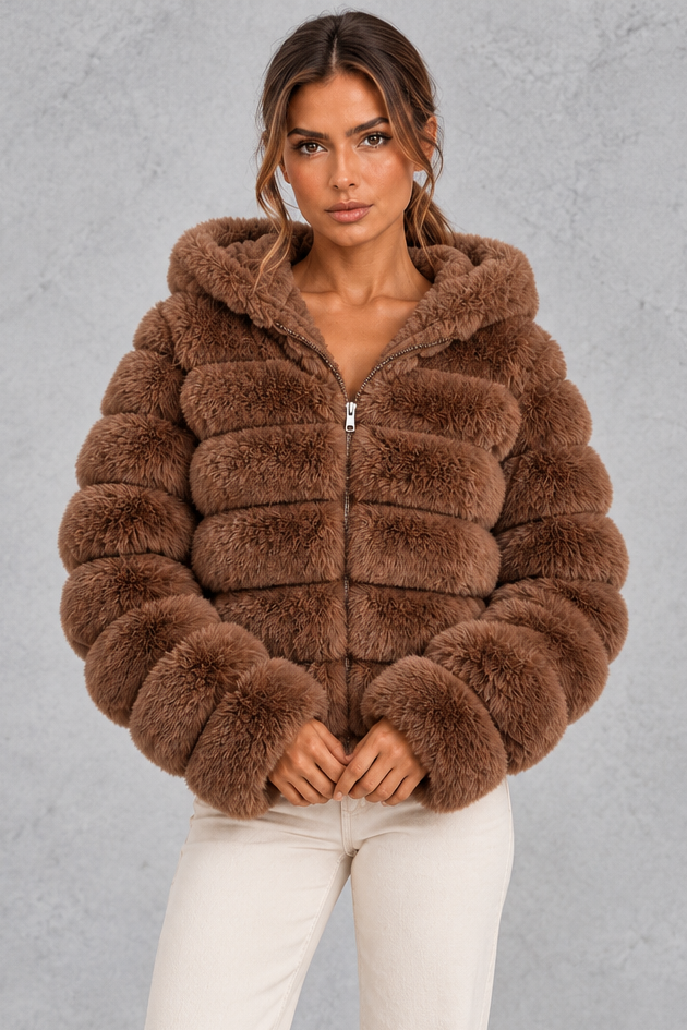 Plush hooded jacket paired with jeans and ankle boots