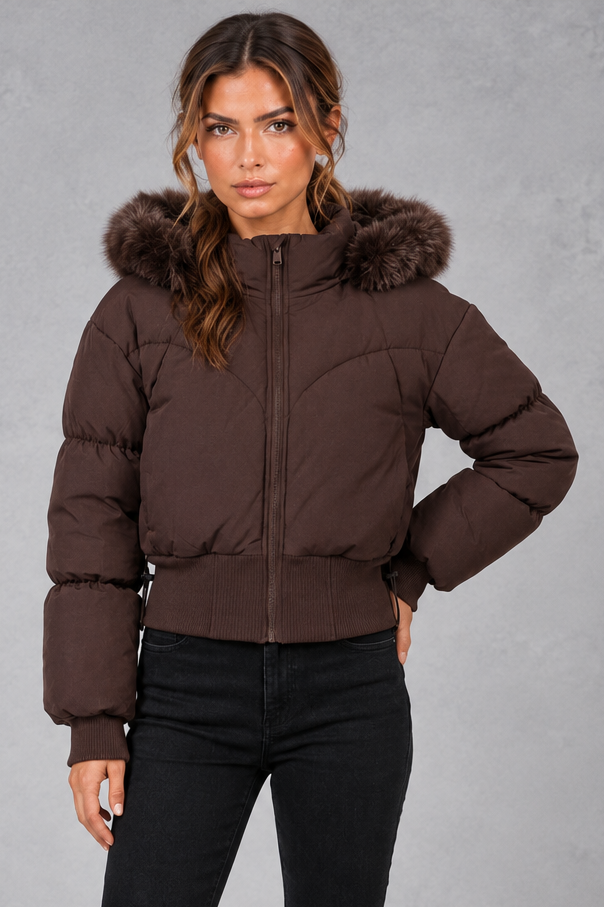 Women's Cropped Puffer Bomber Jacket – Dark Brown