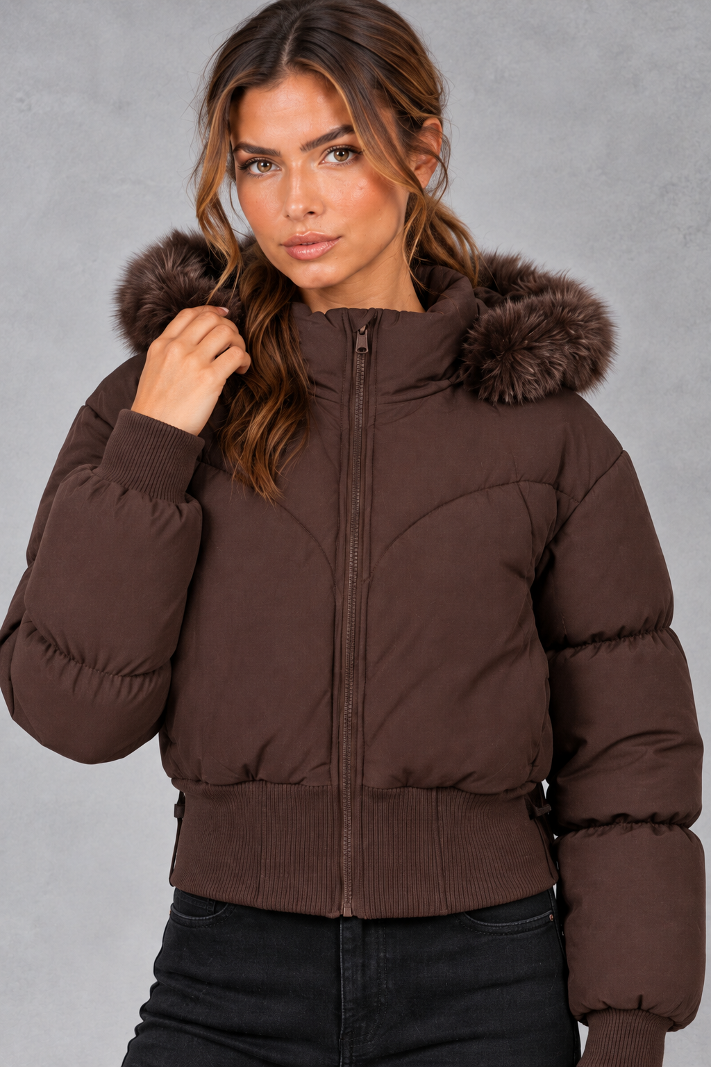 Women's Cropped Puffer Bomber Jacket – Dark Brown