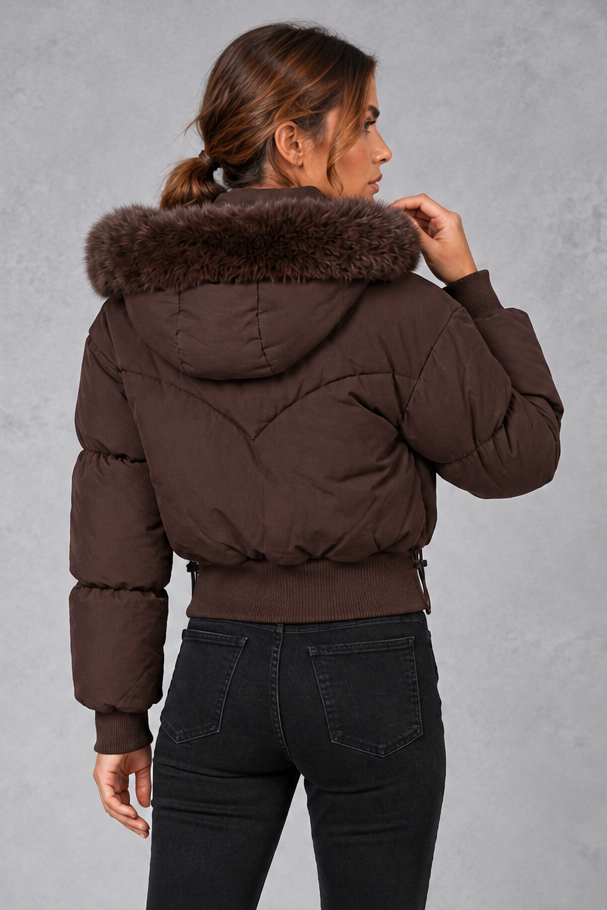 Women's Cropped Puffer Bomber Jacket – Dark Brown