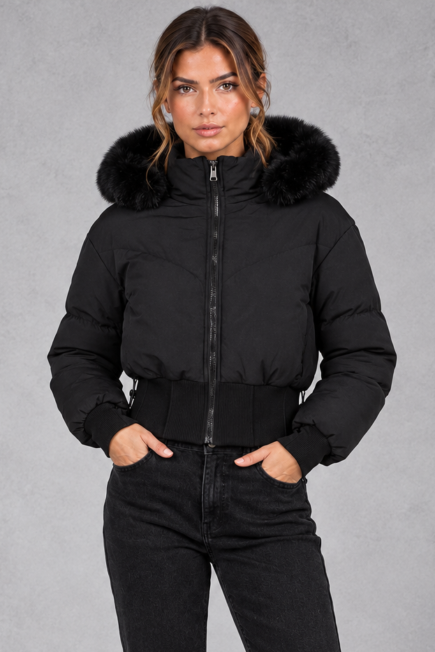 Women's Cropped Puffer Bomber Jacket – Black