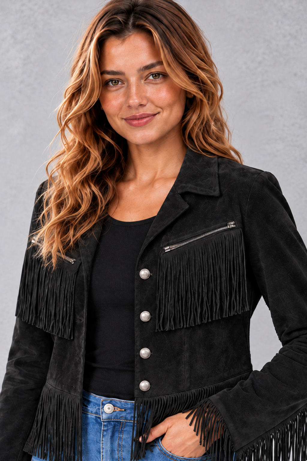Women's Cropped Suede-Look Fringe Jacket – Black