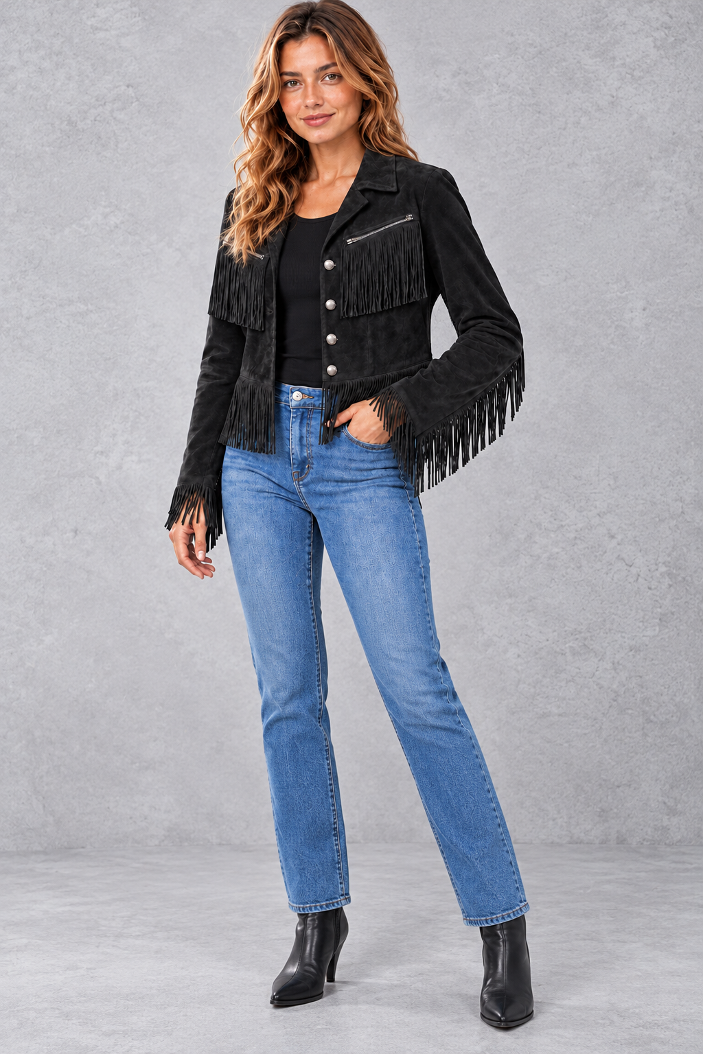 Women's Cropped Suede-Look Fringe Jacket – Black