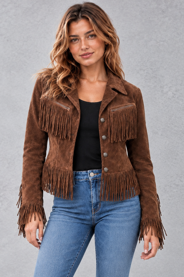 Women's Cropped Suede-Look Fringe Jacket – Brown